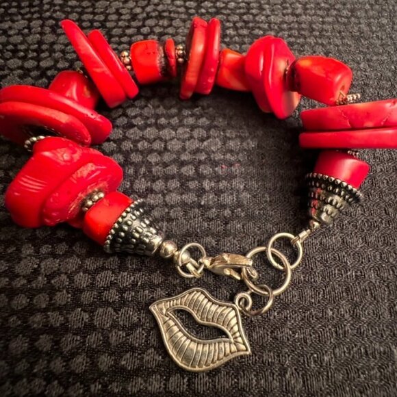 Natural Red Coral Bracelet Beaded Chunky Lips Charm Silver Handmade Boho Large - Picture 1 of 4